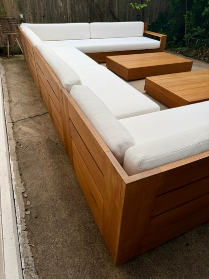 RH Marbella Teak U-Shape Outdoor Sectional with Coffee Tables White Linen Restoration Hardware
