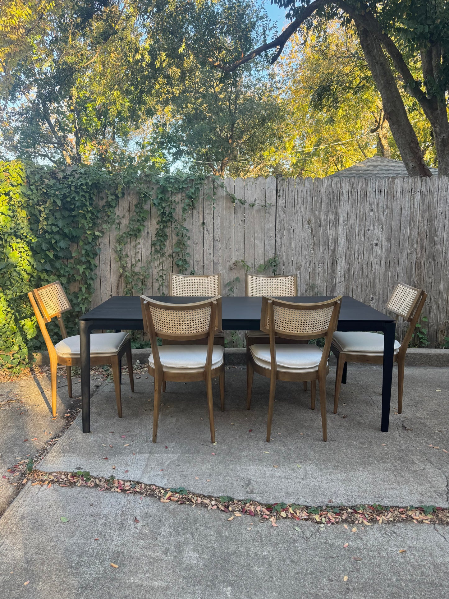 Perigold Dining Set with Black Ethnicraft Bok Oak Table 79” + Four Hands Britt Chairs Set of Six Light Wood with Cane