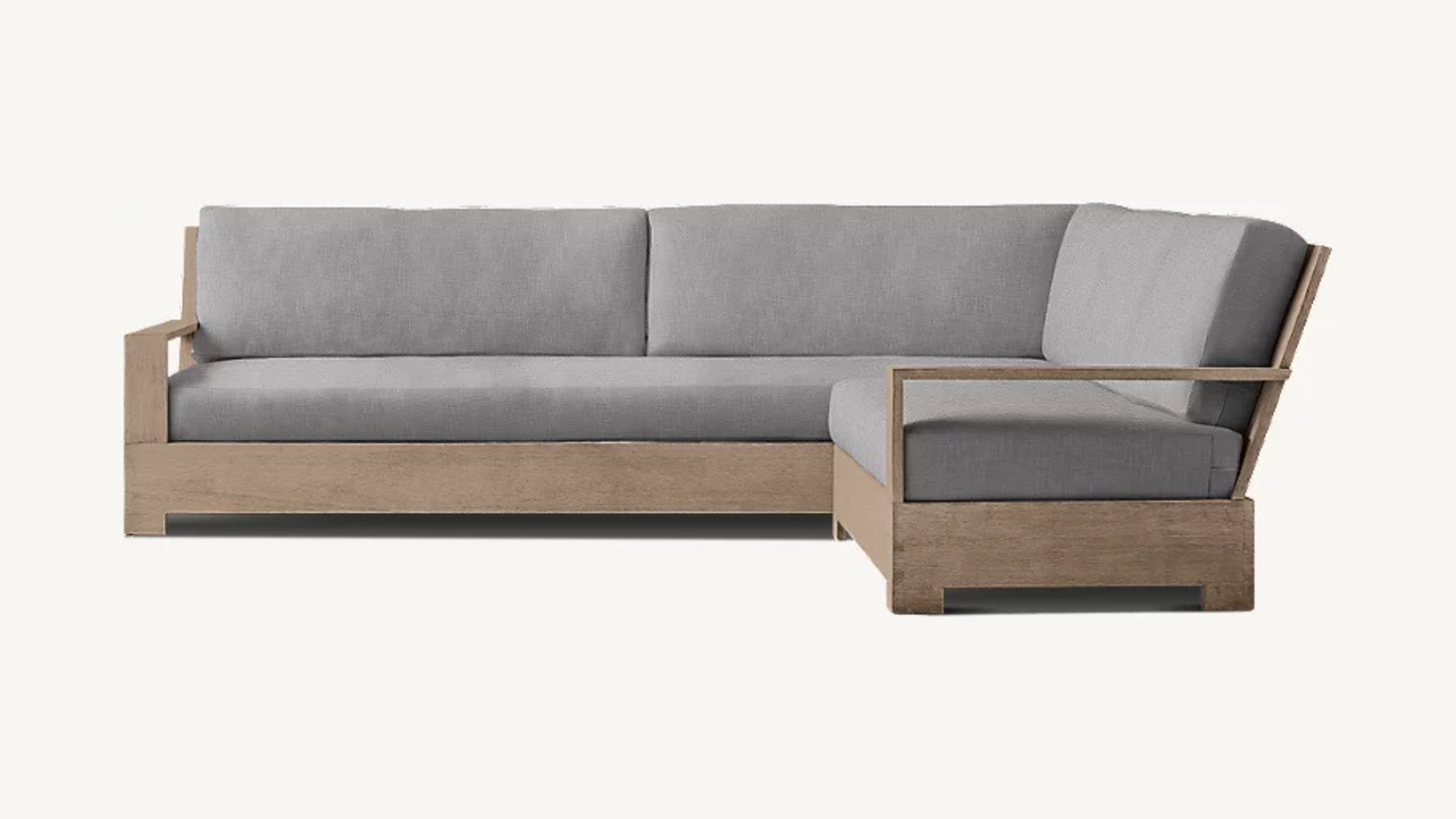 RH Belvedere Outdoor Sectional Gray Performance Fabric Weathered Teak Restoration Hardware