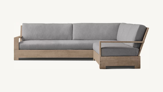 RH Belvedere Outdoor Sectional Gray Performance Fabric Weathered Teak Restoration Hardware