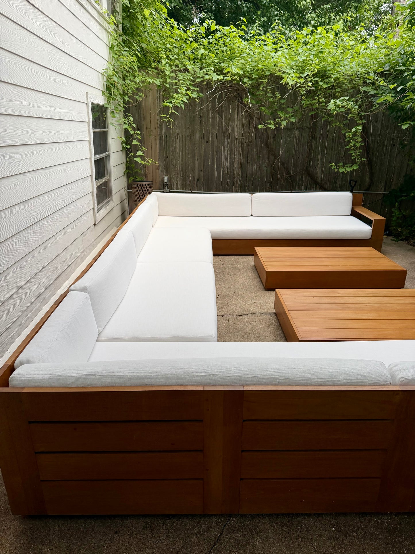 RH Marbella Teak U-Shape Outdoor Sectional with Coffee Tables White Linen Restoration Hardware