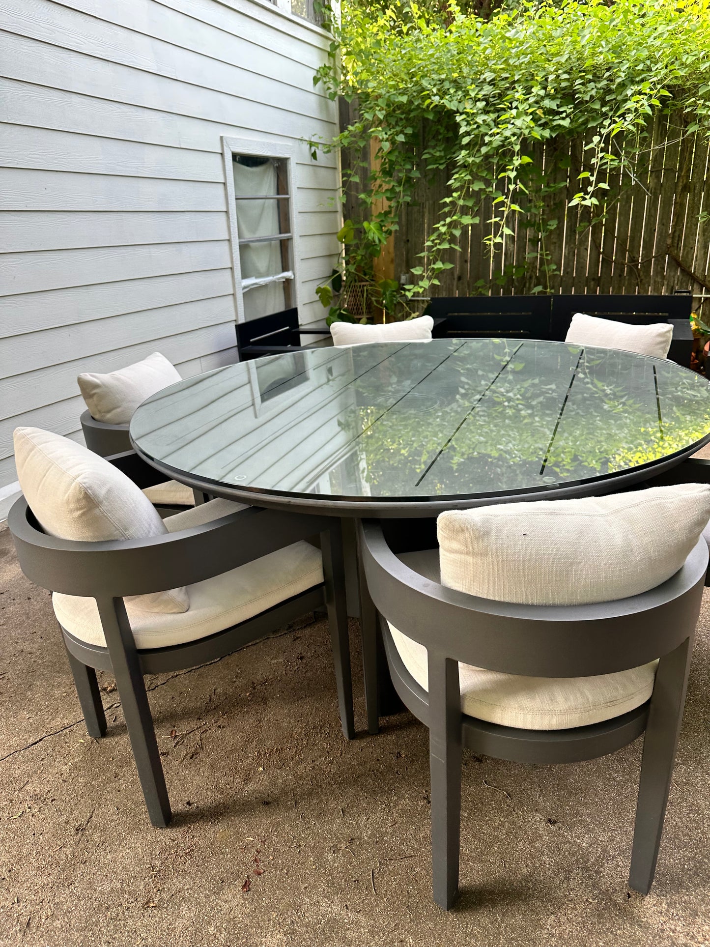 RH Balmain Outdoor Dining Set Round Table Six Chairs Custom Glass Top Restoration Hardware