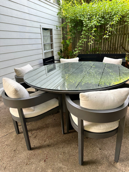 RH Balmain Outdoor Dining Set Round Table Six Chairs Custom Glass Top Restoration Hardware