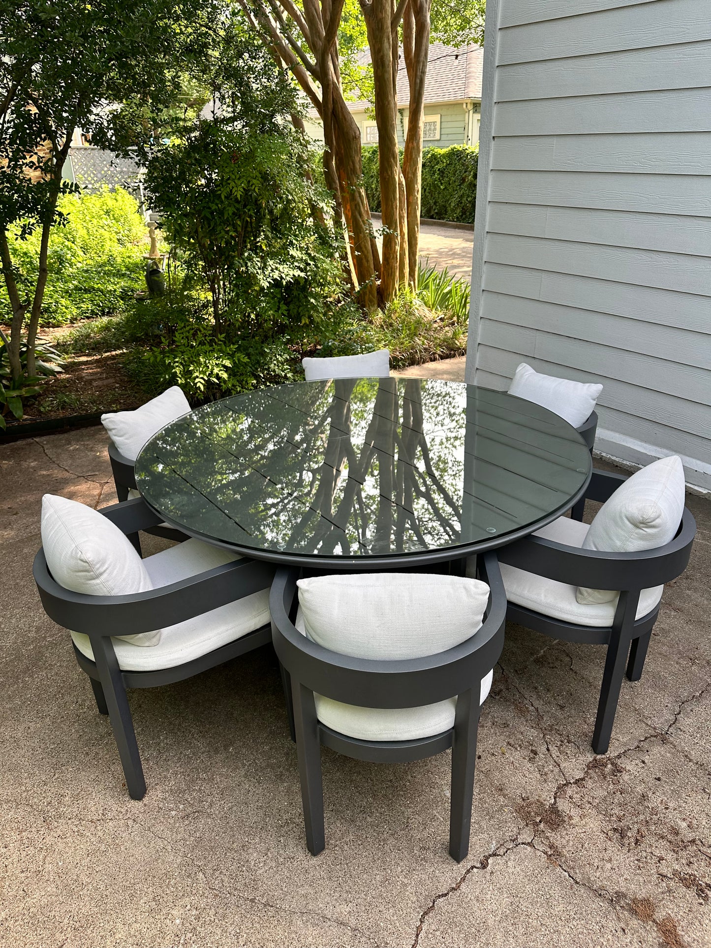 RH Balmain Outdoor Dining Set Round Table Six Chairs Custom Glass Top Restoration Hardware