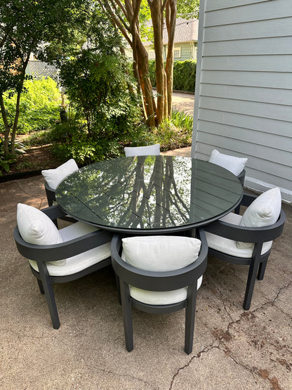 RH Balmain Outdoor Dining Set Round Table Six Chairs Custom Glass Top Restoration Hardware