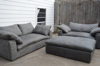 RH Nubuck/Veneto Leather Graphite 6' and 7' Cloud Couch Set with Coffee Table Ottoman