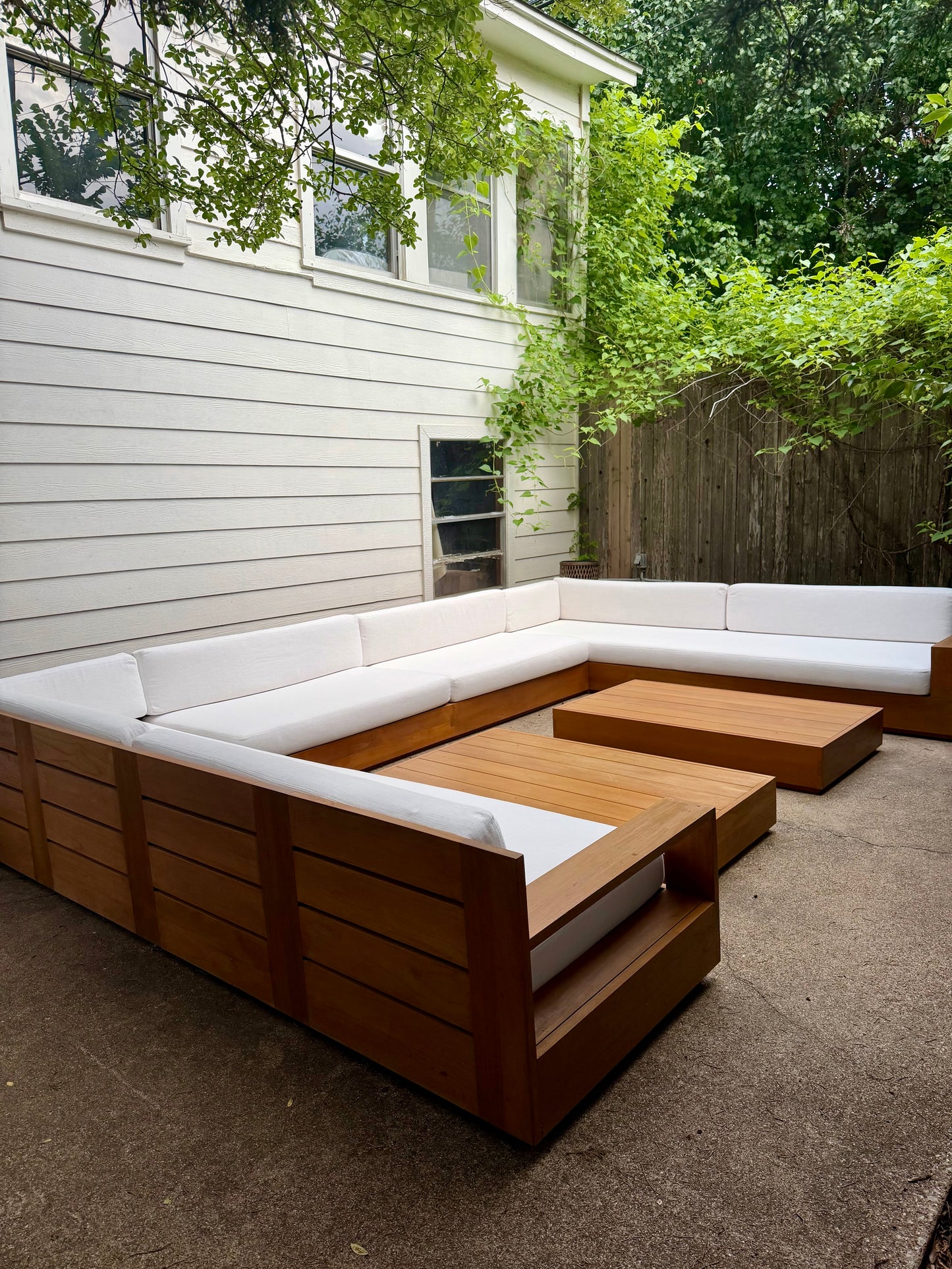 RH Marbella Teak U-Shape Outdoor Sectional with Coffee Tables White Linen Restoration Hardware
