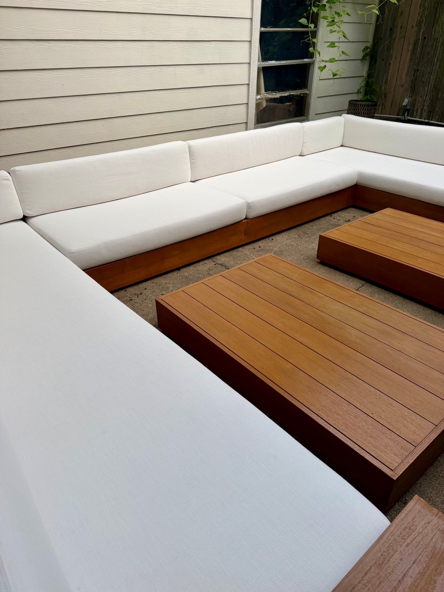 RH Marbella Teak U-Shape Outdoor Sectional with Coffee Tables White Linen Restoration Hardware