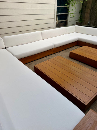 RH Marbella Teak U-Shape Outdoor Sectional with Coffee Tables White Linen Restoration Hardware