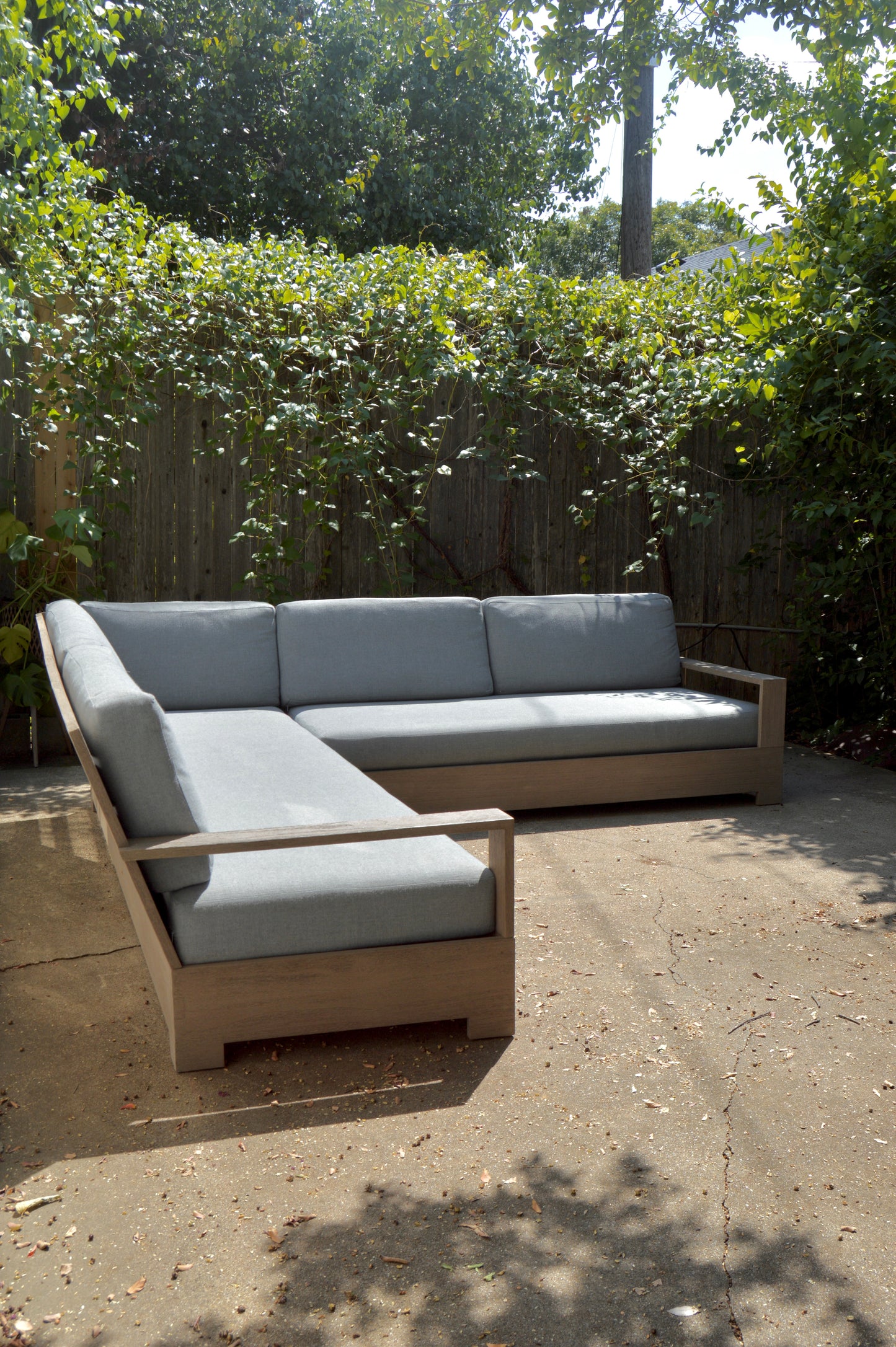 RH Belvedere Outdoor Sectional Gray Performance Fabric Weathered Teak Restoration Hardware