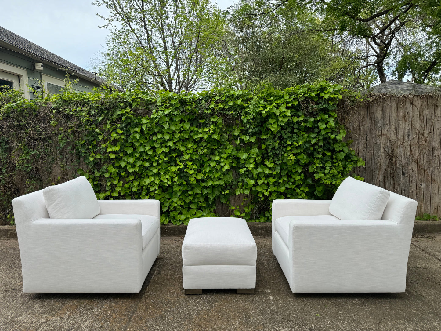 RH White Belgian Track Arm Swivel Chairs & Ottoman Set