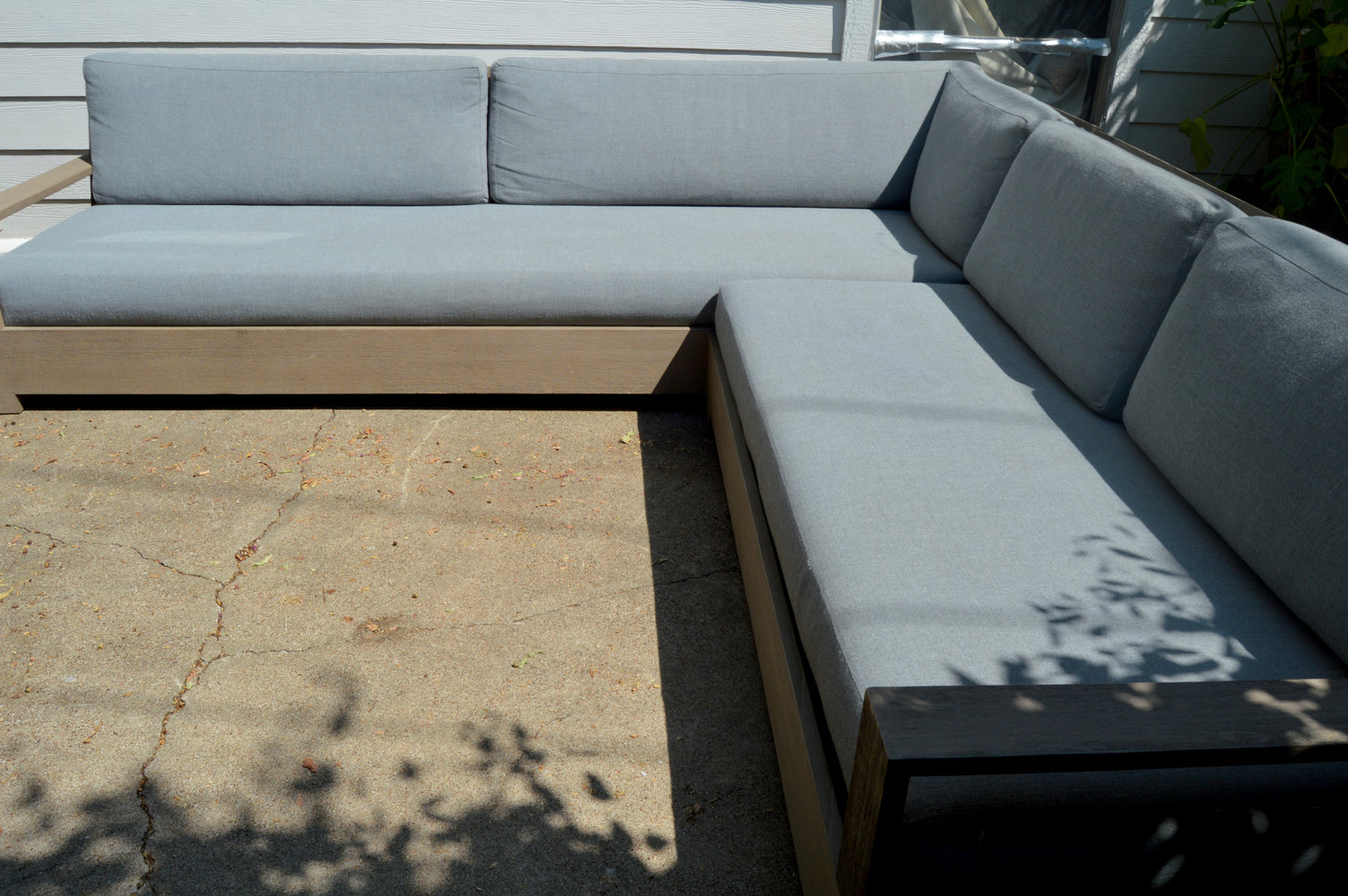RH Belvedere Outdoor Sectional Gray Performance Fabric Weathered Teak Restoration Hardware