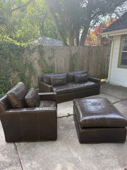 RH Belgian Track Arm Walnut Brown Leather Sofa Chair Ottoman Set Restoration Hardware