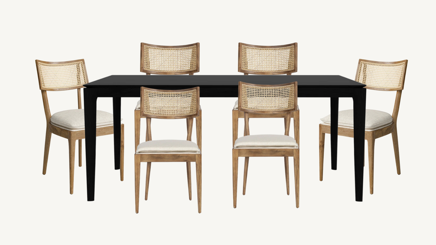 Perigold Dining Set with Black Ethnicraft Bok Oak Table 79” + Four Hands Britt Chairs Set of Six Light Wood with Cane