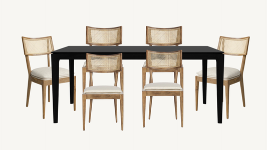 Perigold Dining Set with Black Ethnicraft Bok Oak Table 79” + Four Hands Britt Chairs Set of Six Light Wood with Cane