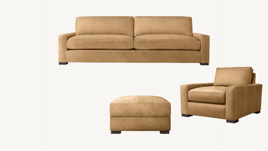 RH Maxwell Italian Nubuck Leather 7 ft Sofa, Chair, & Ottoman Tan Restoration Hardware