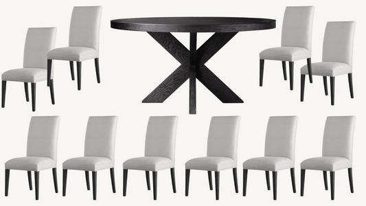 RH Hudson Parsons Set of 10 Dining Chairs French Black 72” Round Dining Table Restoration Hardware