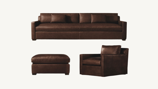 RH Belgian Track Arm Walnut Brown Leather Sofa Chair Ottoman Set Restoration Hardware