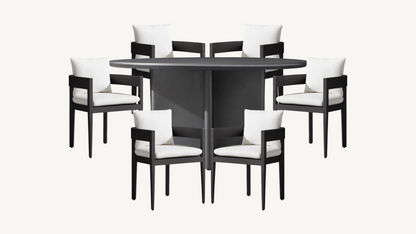 RH Balmain Outdoor Dining Set Round Table Six Chairs Custom Glass Top Restoration Hardware