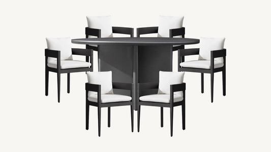 RH Balmain Outdoor Dining Set Round Table Six Chairs Custom Glass Top Restoration Hardware