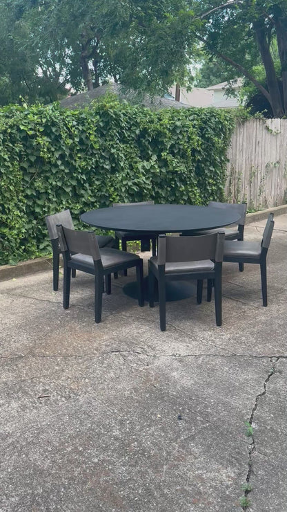RH Dining Set Aero Cast Iron Black Oak 60” Round Dining Table & Set of 6 Saddleback Gray Leather Dining Chairs Restoration Hardware