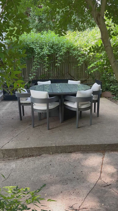 RH Balmain Outdoor Dining Set Round Table Six Chairs Custom Glass Top Restoration Hardware