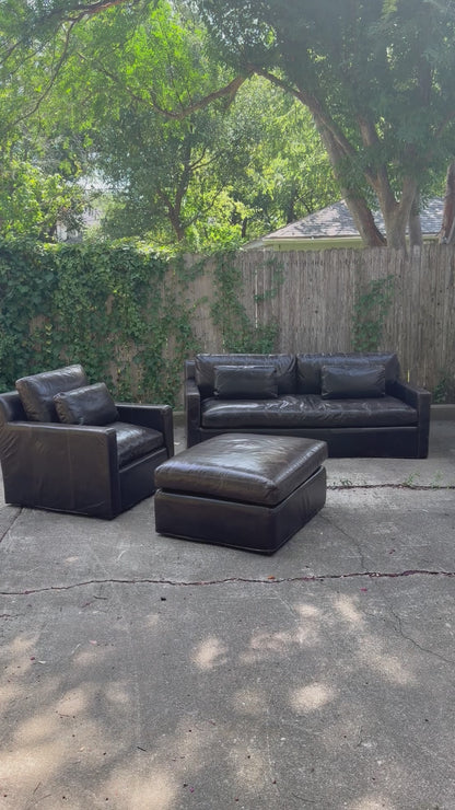 RH Belgian Track Arm Walnut Brown Leather Sofa Chair Ottoman Set Restoration Hardware