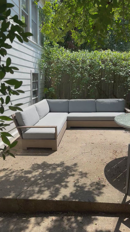 RH Belvedere Outdoor Sectional Gray Performance Fabric Weathered Teak Restoration Hardware