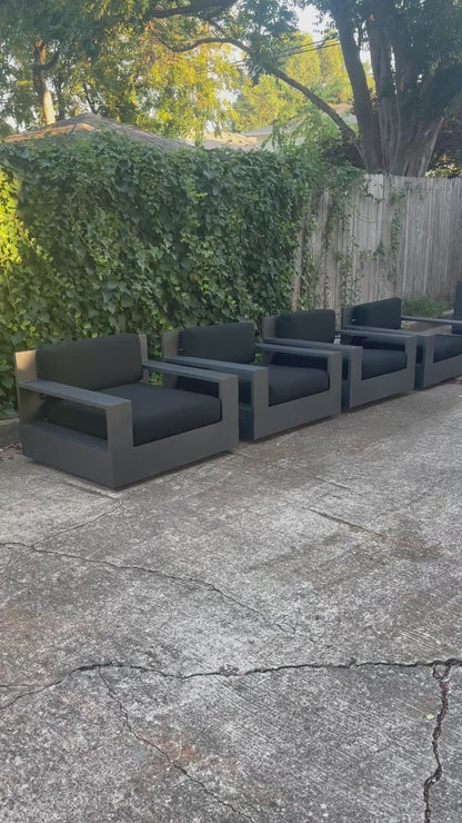 RH Marbella Aluminum Swivel Lounge Chairs Set of 4 Black Cushions Restoration Hardware