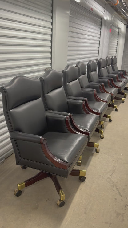 Rare Ross Perot EDS Boardroom Black Leather Executive Swivel Chairs Set of 8