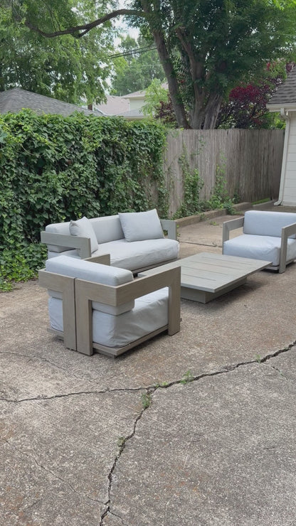 RH Mill Outdoor Set Loveseat Lounge Chairs Coffee Table RH Covers Restoration Hardware Gray Teak