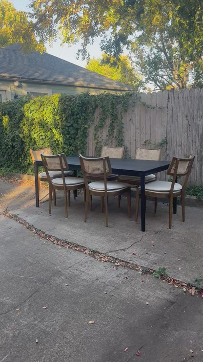 Perigold Dining Set with Black Ethnicraft Bok Oak Table 79” + Four Hands Britt Chairs Set of Six Light Wood with Cane